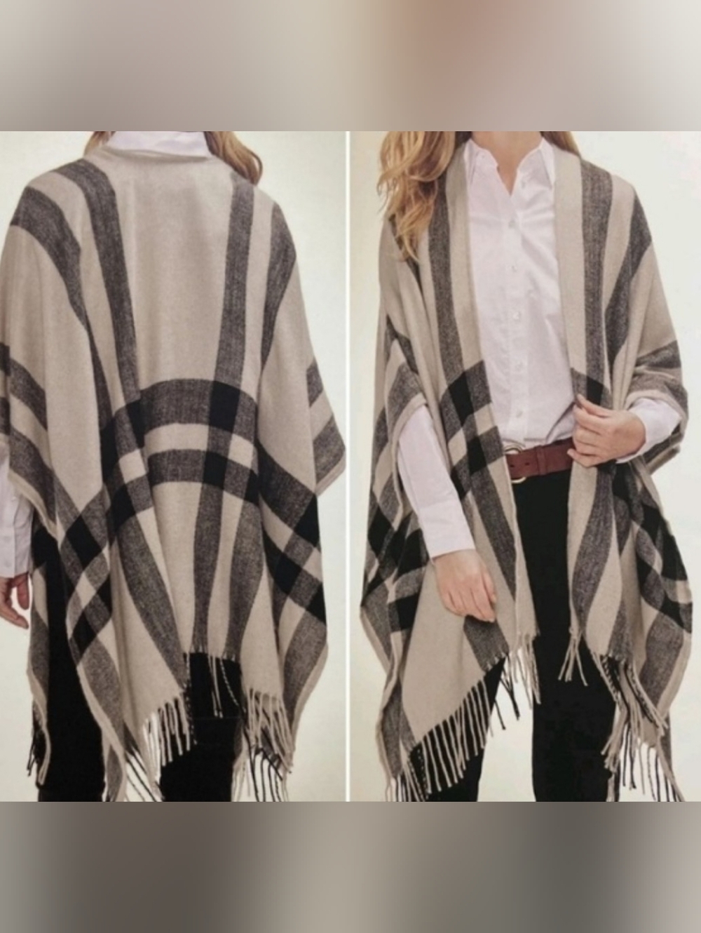 Banana Republic Beige and Black Plaid Fringe Wrap Shawl OS